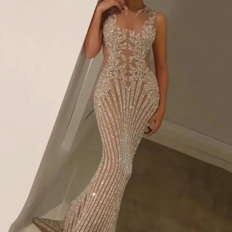 Evening Dresses: O-Neck Mermaid Floor-Length Sleeveless Sequin