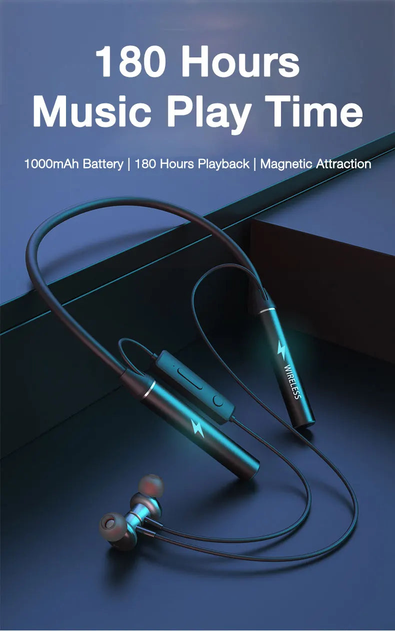 Wireless Headphones 180 Hour Endurance Bluetooth Bass Headset with Mic Stereo Neckband Earphones Sport Auriculares For TF Card