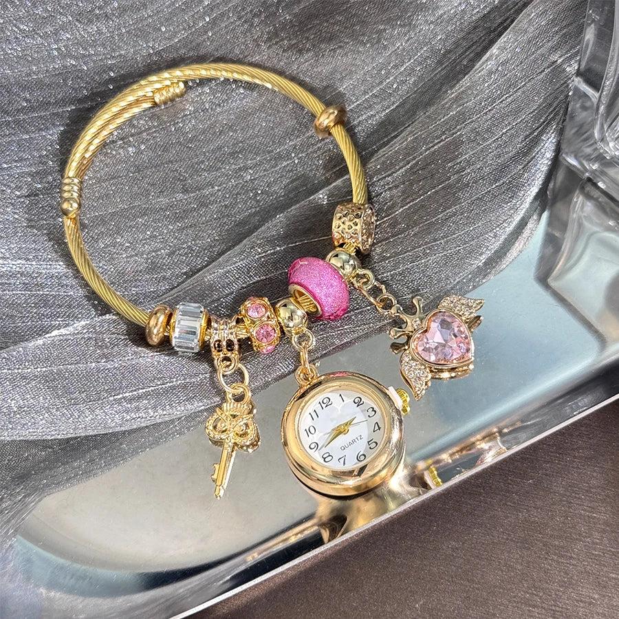 Cross-border Gold Bracelet Watch Adjustable opening Alloy bracelet Quartz Watch Beaded Small flower bracelet Watch