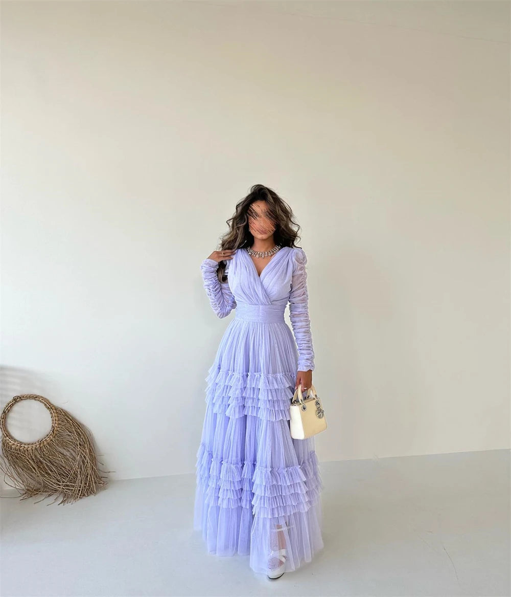 Homecoming Dresses: Prom Dress V Neck Long Sleeve Tulle Formal Occasion