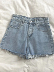 Korean High Waist Raw Edge Denim Shorts Women Summer Basic Button Pocket Jean