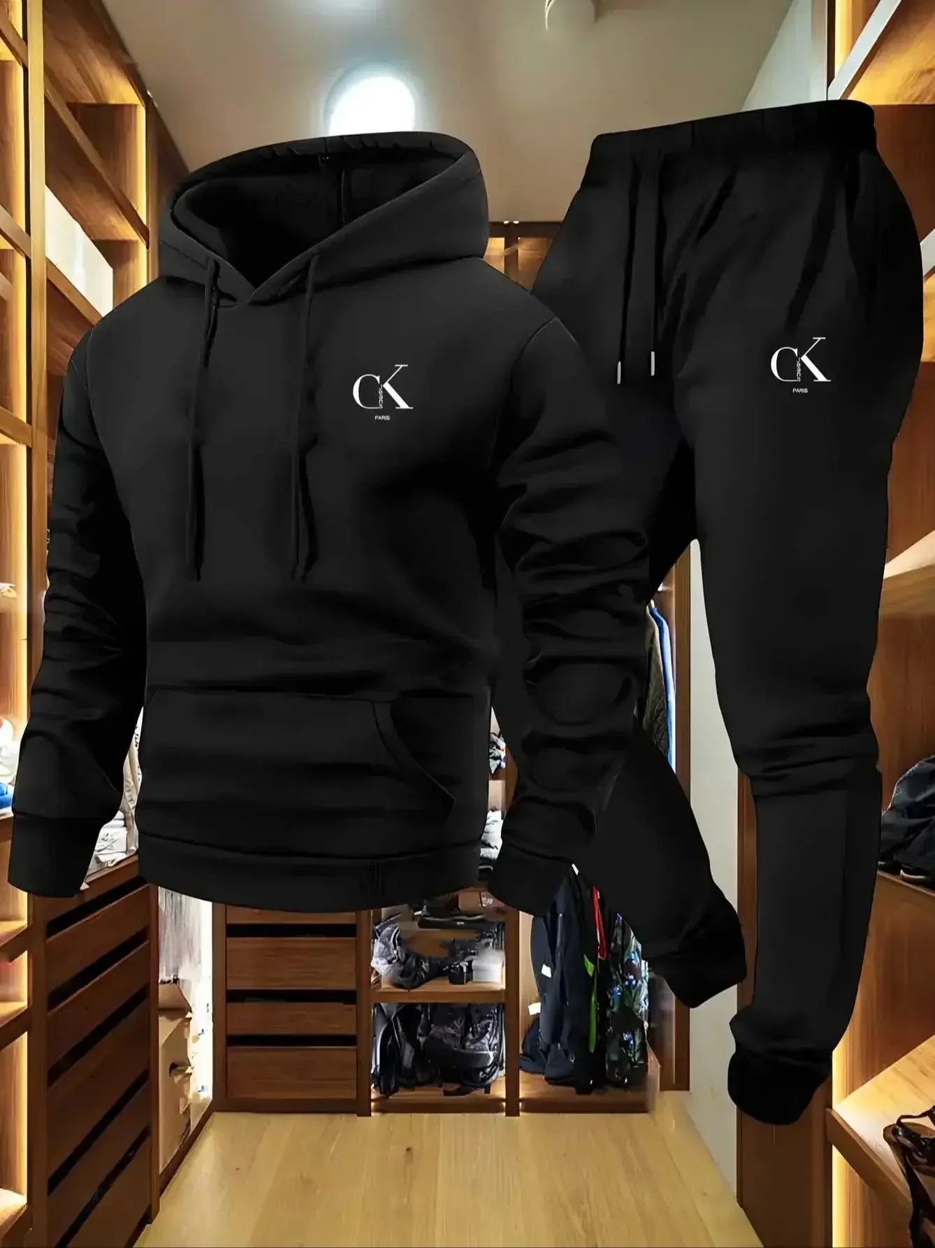 The 2025 men's printed hooded sweater and sports pants set with a casual grey pocket home wear is suitable for spring and autumn