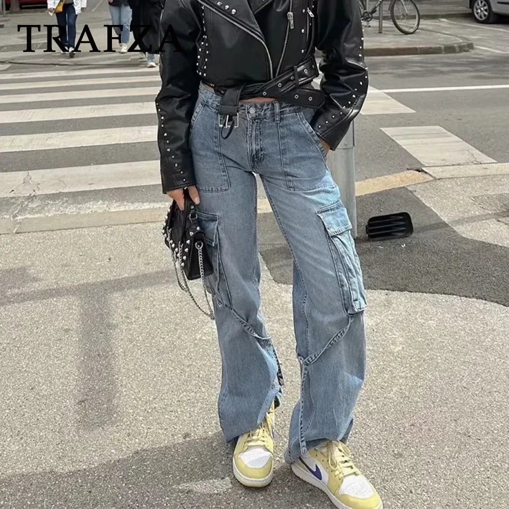Spring Summer Streetwear Women Denim Pants Fashion Vintage Loose Pockets  Pants