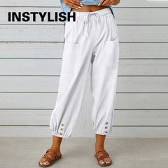 Women Cotton Linen Pants 2023 Autumn Solid Color Elastic Waist Loose Straight Trousers