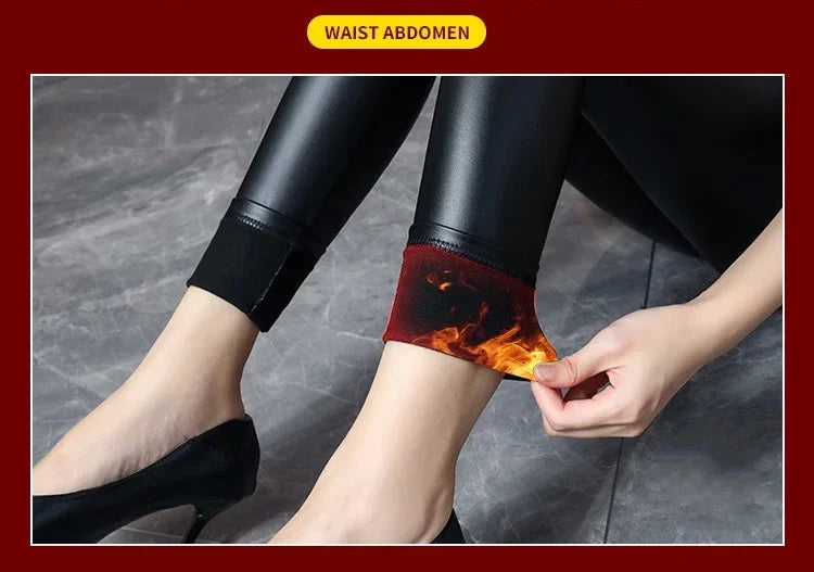 Women's Pants Velvet PU Leather Leggings Winter Ladies High Waist Fleece