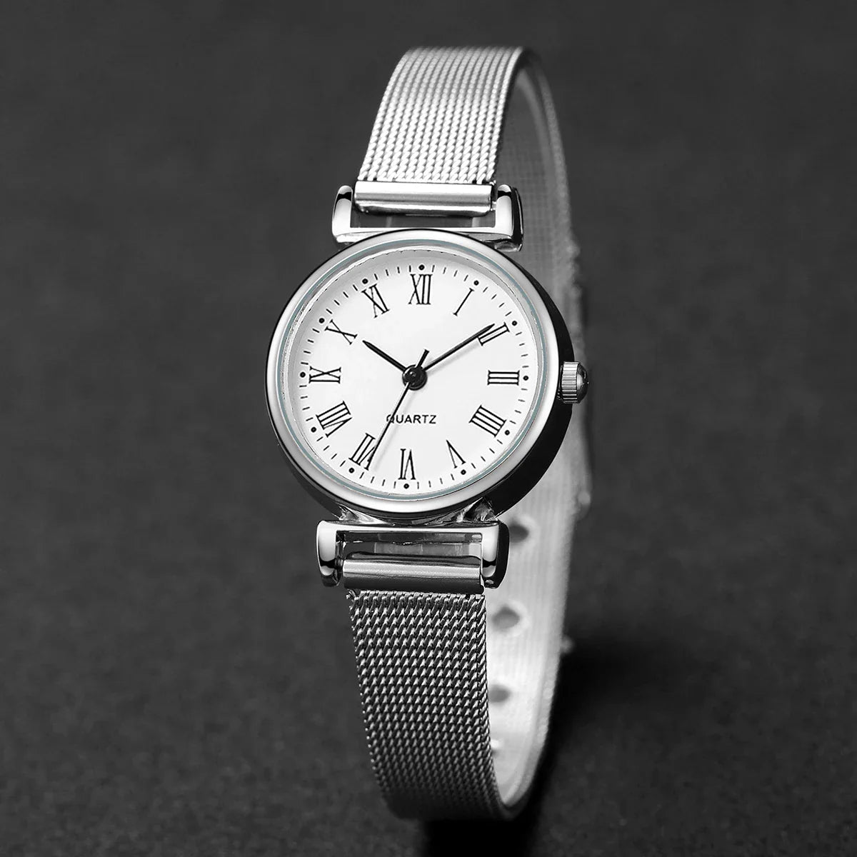 2PCS Fashion Women Quartz Watch Steel Mesh Band Watches Opening Cuff Bracelet Bangle Set（Without Box）