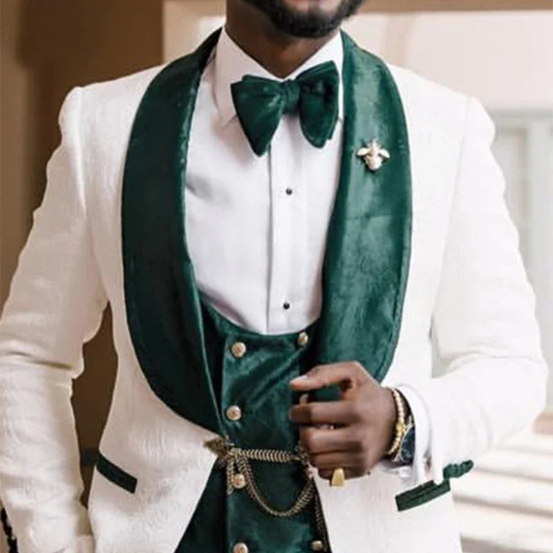 3 Pieces Groom Tuxedo for Wedding African Slim Fit Men Suits White Floral