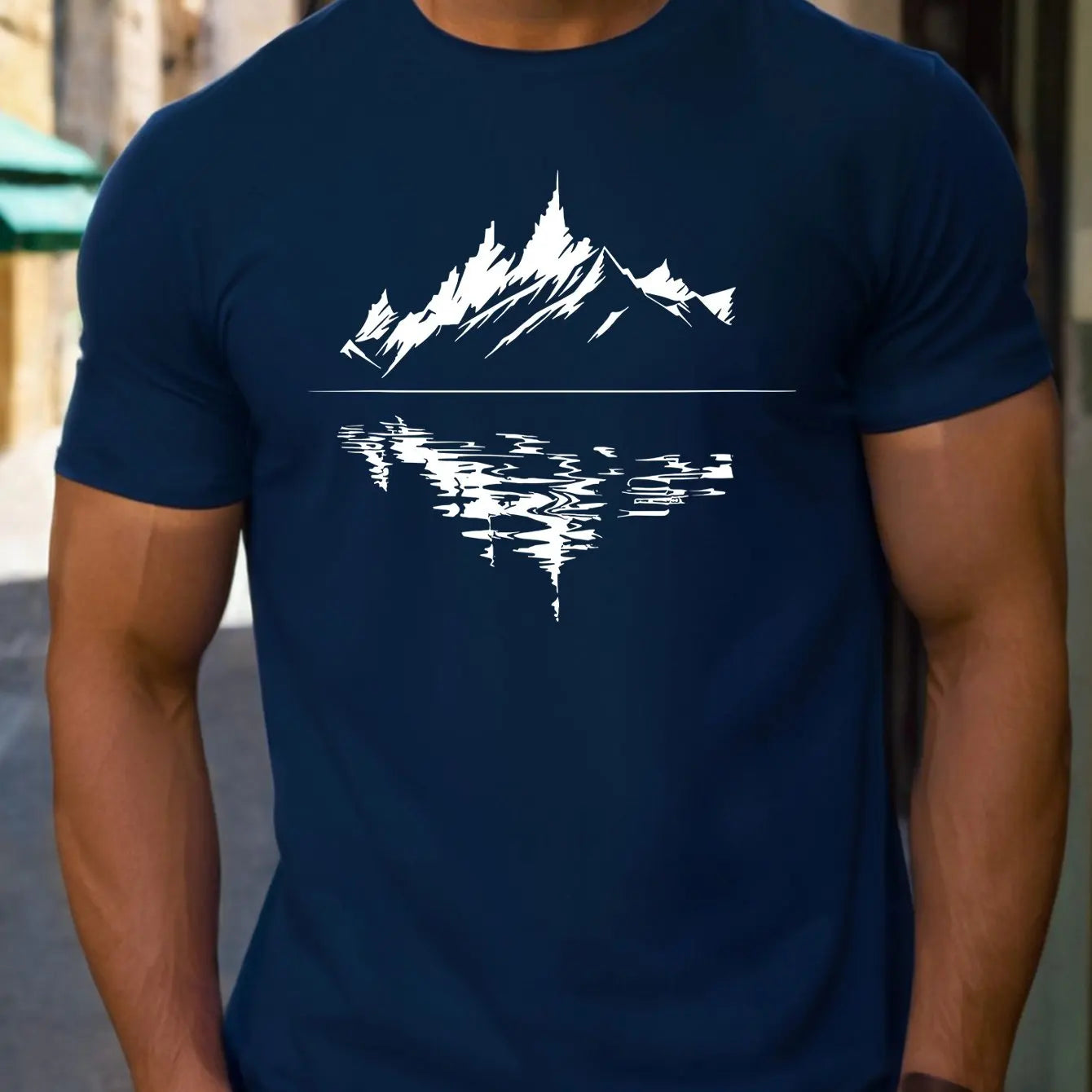 Men's summer 100 pure cotton fashionable casual loose fit plus mountain reflection printed round neck short sleeved T-shirt top