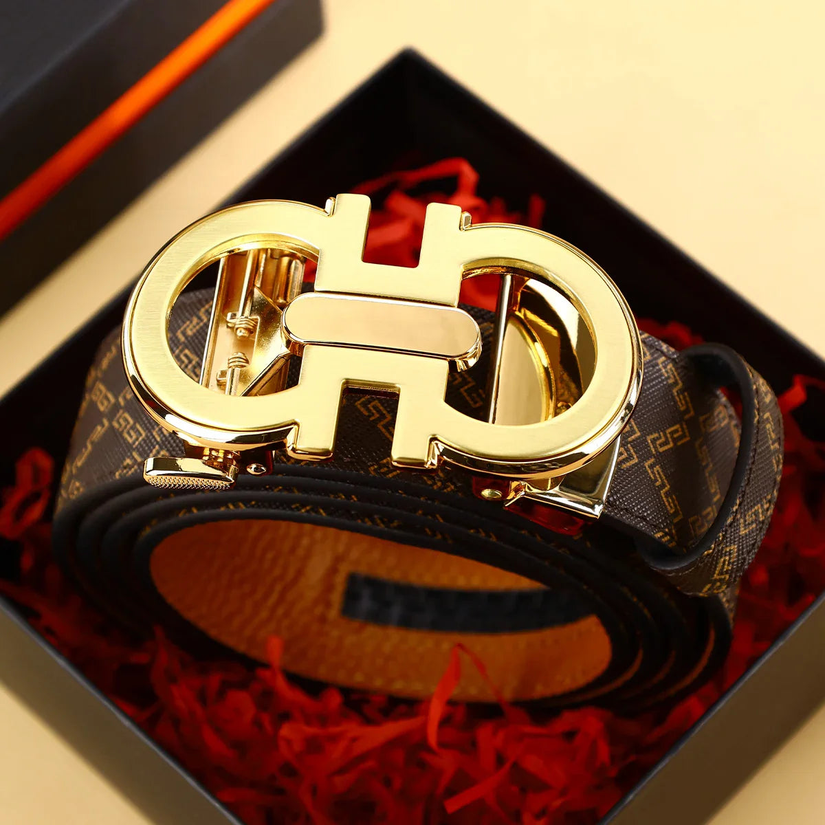 Men's Sleek Automatic Buckle Belt - Genuine FauxwithTextured Square Pattern, Black, Simple & Stylish DesignforCasual Attire