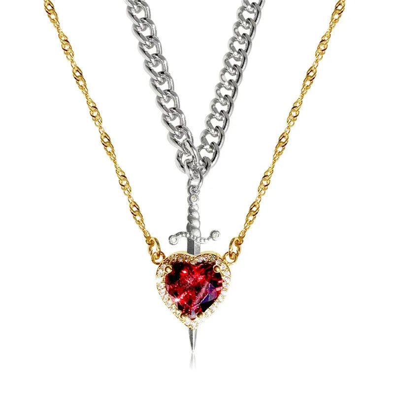 Couple Necklace Heart and Sword Pendant Necklace for Women Gothic Punk Romantic Valentine Day Jewelry Gifts Accessories