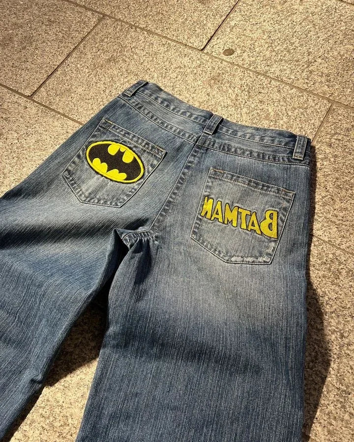Y2K Pants Gothic Punk Embroidered Vintage Blue Baggy Jeans Mens High Waist