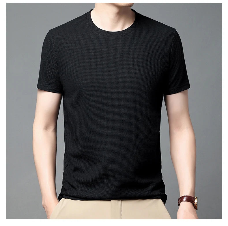 Men's New Summer Waffle round Neck Short Sleeve T-Shirt Comfortable Breathable Short-Sleeved Top for Casual Wear