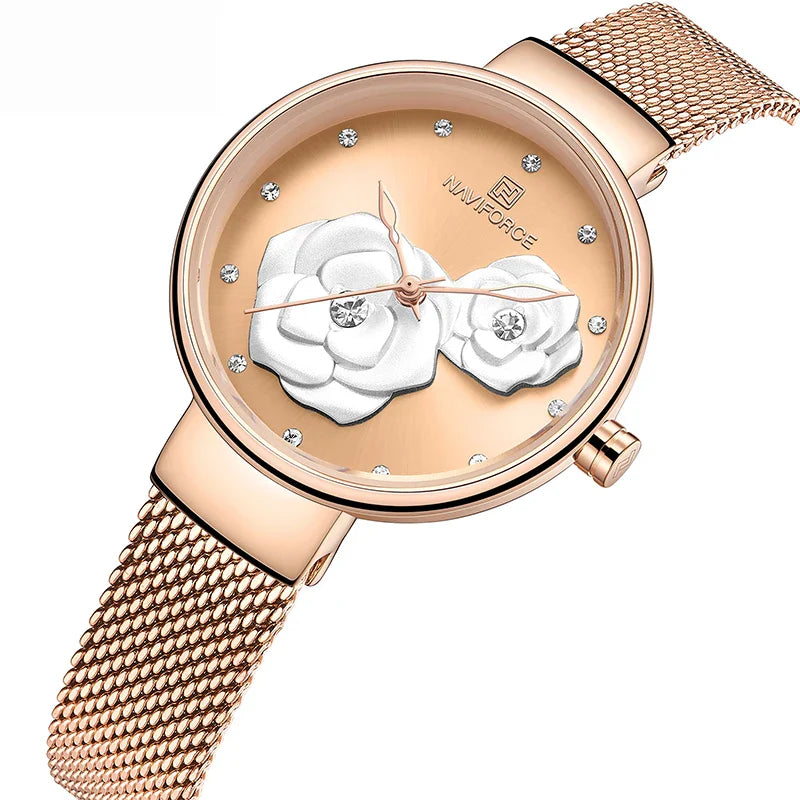 Women Watch NAVIFORCE Top Luxury Brand Steel Mesh Waterproof Ladies Watches Flower Quartz Female Wristwatch Charming Girl Clock