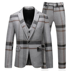 Men Plaid 3 Piece Suit Set Blazer Vest Pants British Style Slim Double Breasted