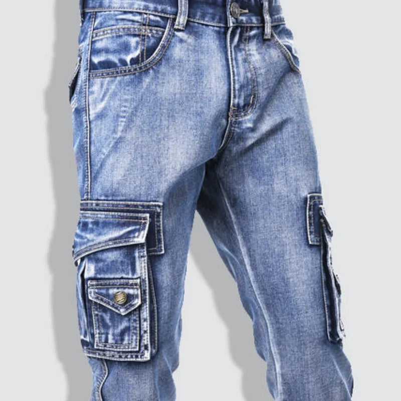 2025 New Summer thin stretch multi pocket workwear, slim fit denim shorts, cropped pants, casual jeans for men