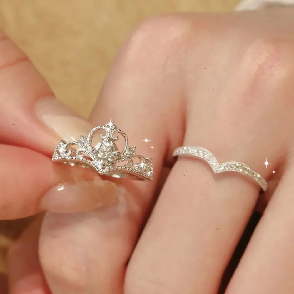 Stainless Steel Crystal Crown Adjustable Ring Irregular Geometry Vintage Rings Set for Women Girls New Fashion Jewelry Gift