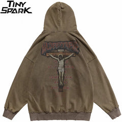 Hip Hop Men Sweatshirt Hoodie Streetwear Jesus Letter Print Washed Pullover