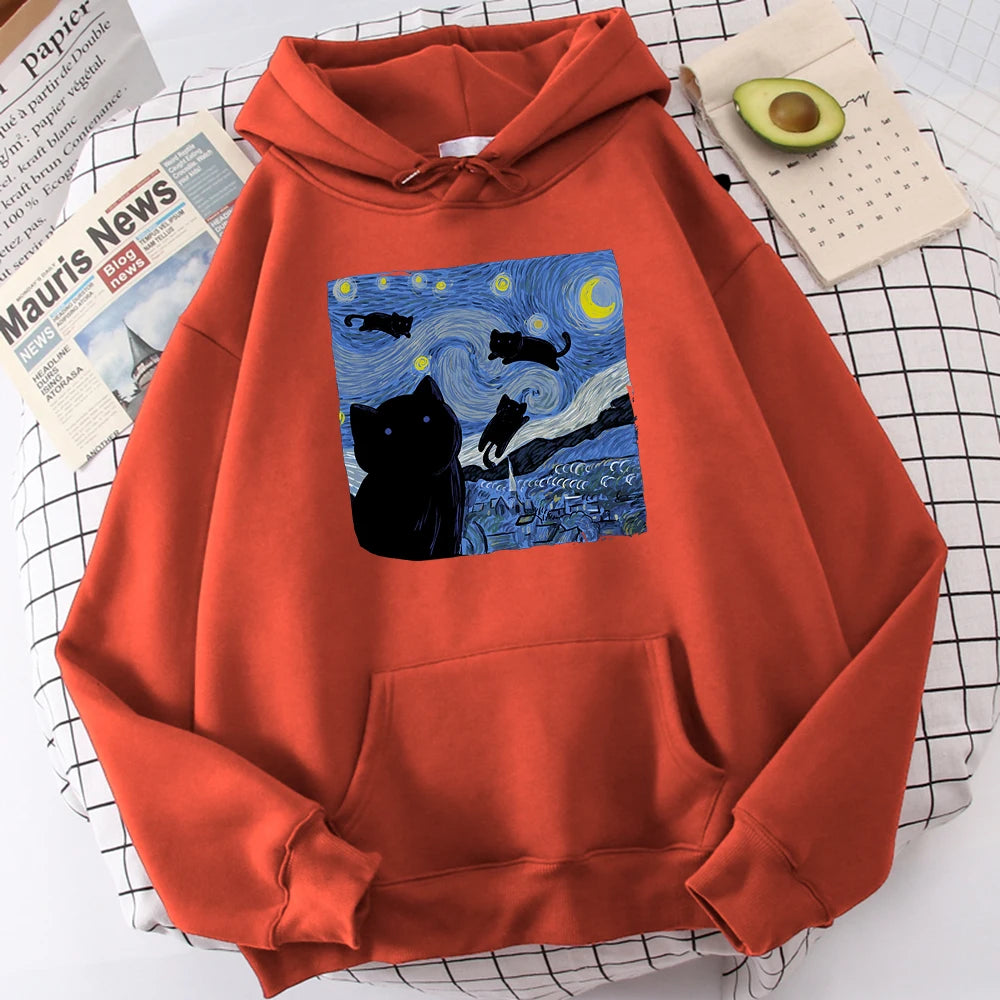 The Starry Cat Night Printing Hoodies Men Autumn Oversize Hoodie Fashion Fleece