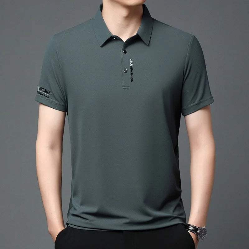 2025 Men's Short Sleeve Solid Color Polo Shirt Breathable Comfortable Elastic Top New Arrivals Casual Business Style