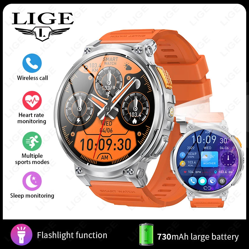 LIGE 1.85” HD Screen LED Flashlight Smart Watch Men 730mAh Large Battery BT Call Man Bracelet Waterproof Fitness Men Smartwatch
