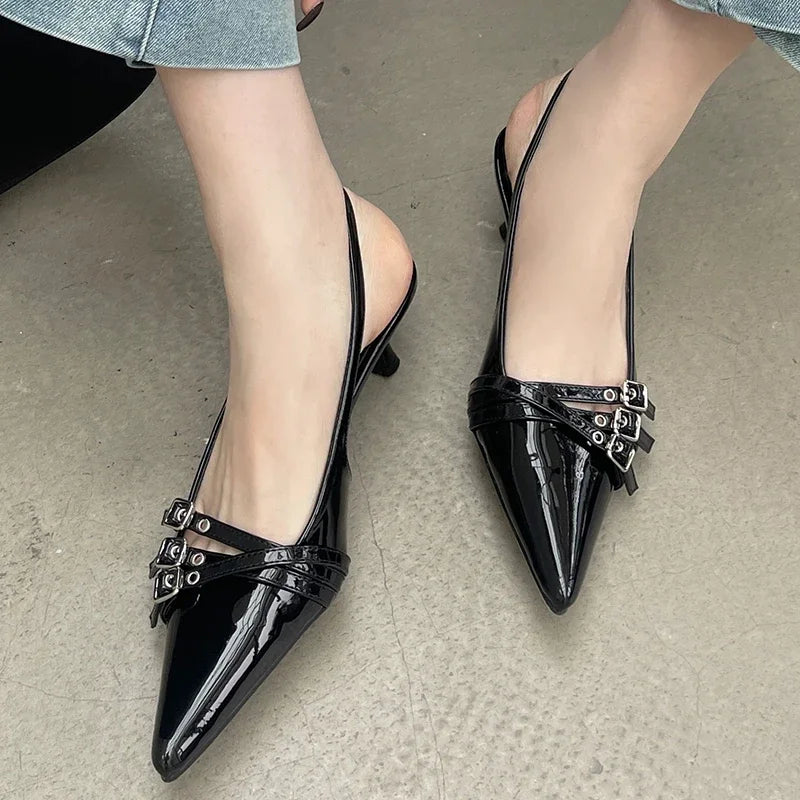 Pointed Toe Shallow Pumps Ladies Heels Shoes Female Fashion Slingbacks New in Medium Heels Shoes For Women Footwear Mules