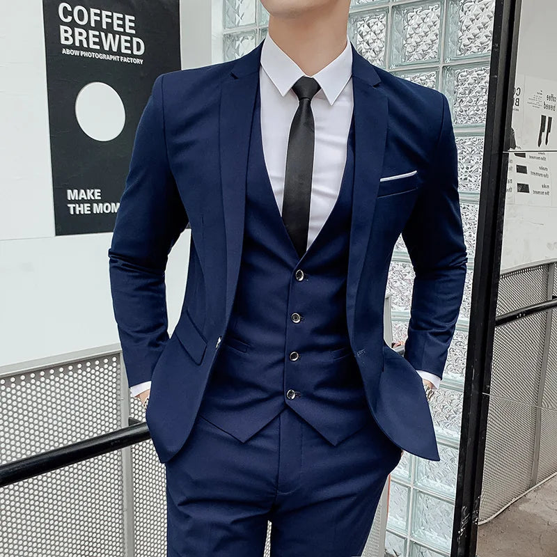 High-quality Men's Solid Color Suit (suit + Vest + Trousers) The New Fashion and Handsome Banquet Smart Casual 3/2 Piece Set