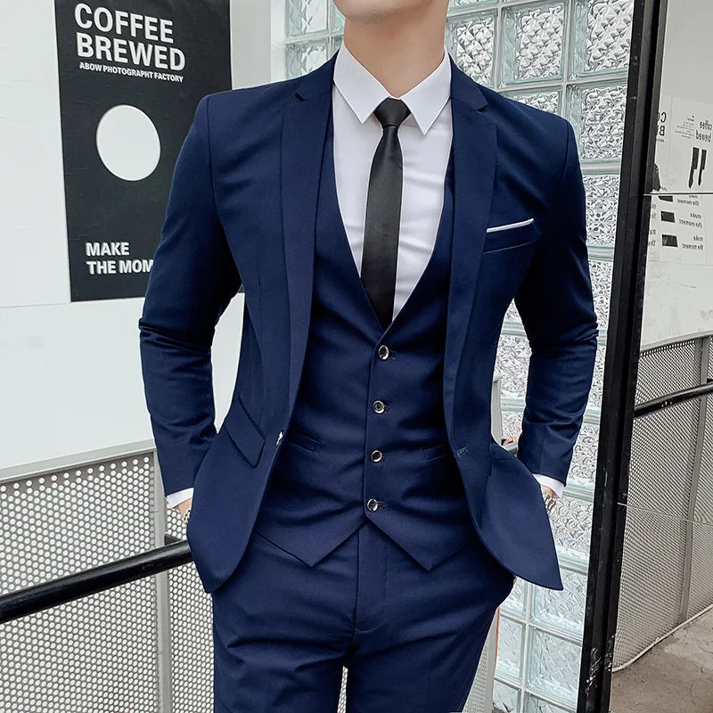 Men's Solid Color Suit Fashion and Handsome Banquet Smart Casual 3/2 Piece Set