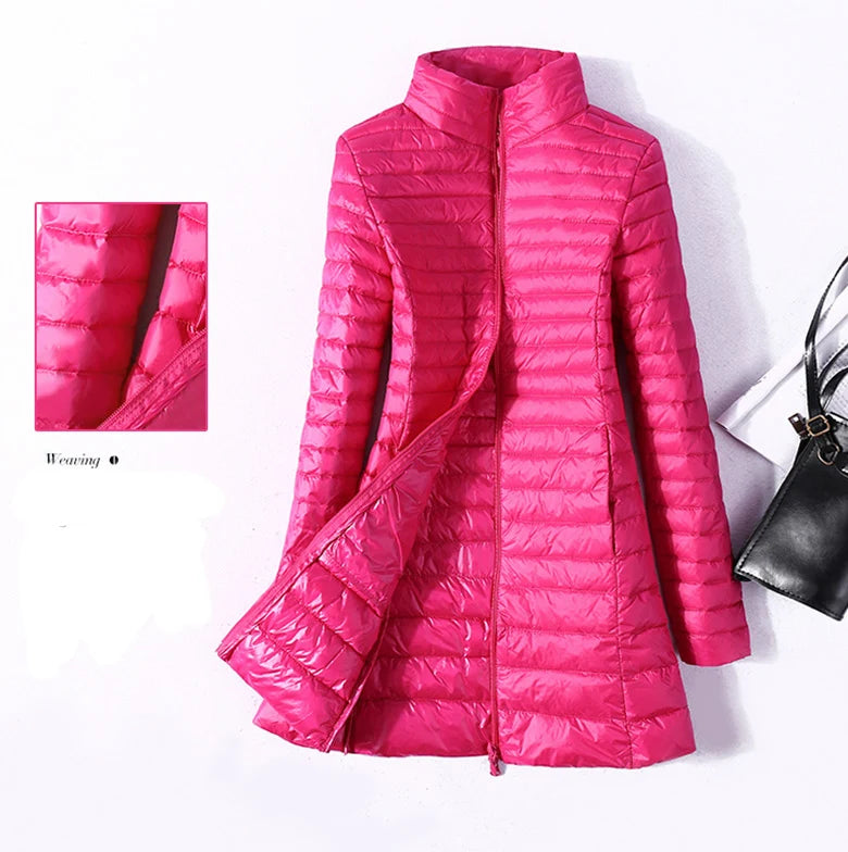 Women Down Jackets Ultra Light Duck Down Coat Long Puffer Jacket Slim Black