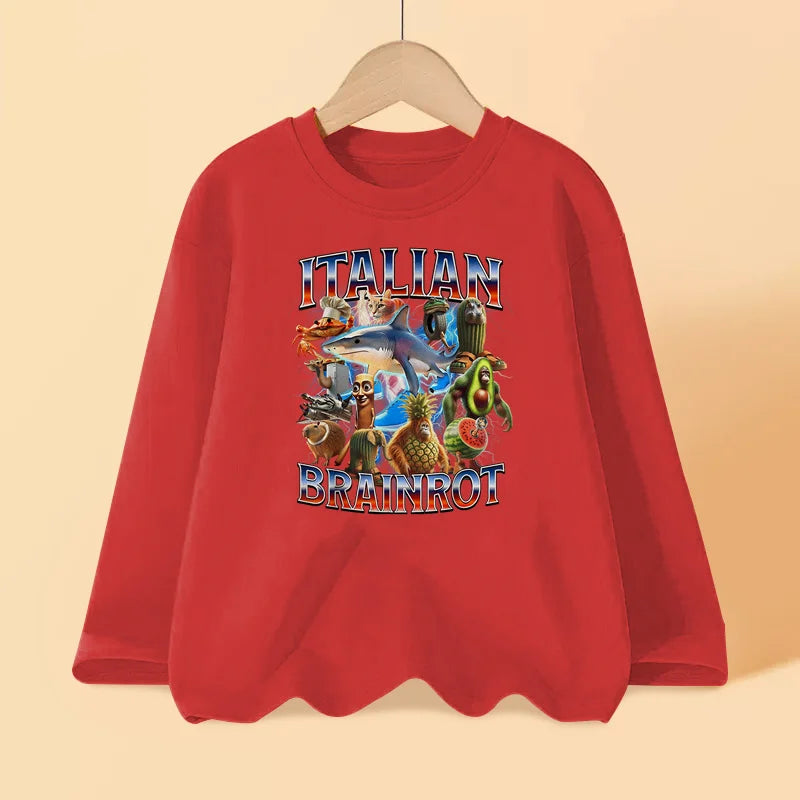 Italian Brainrot Long Sleeve T-shirt for Children Spring and Autumn Cotton Shirt for Boys Girls Cartoon Tops 3-14T