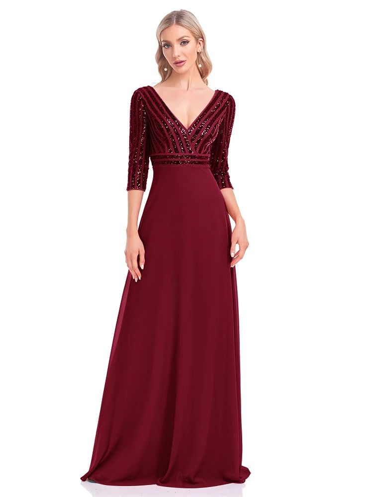 Homecoming Dresses: Long Sleeve Gown V Neck Pink Evening Dresses For Women