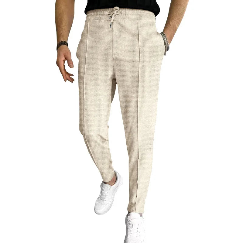 Men's Trousers waffle plaid drawstring sports pants for men Casual Loose Straight Pants
