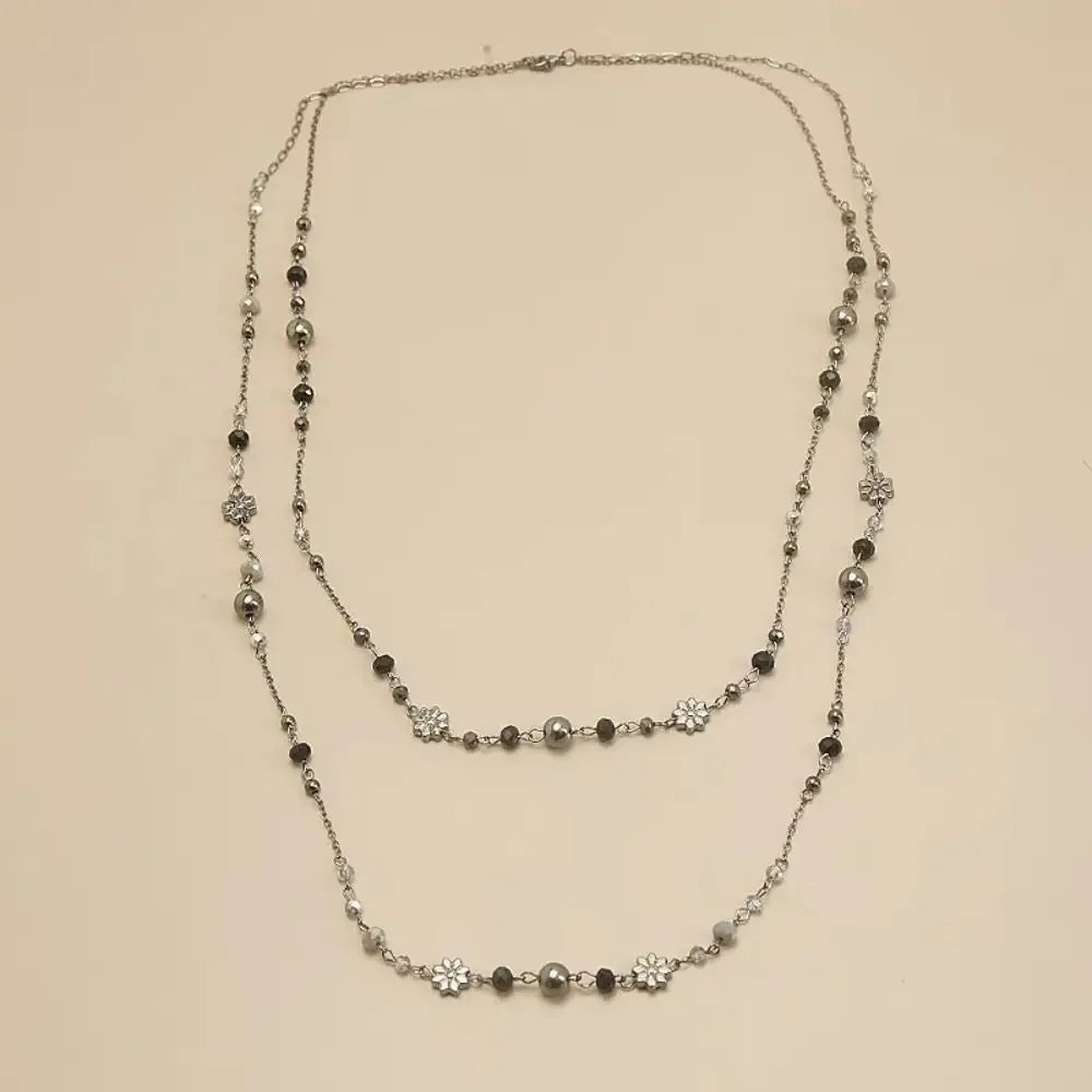 Bohemian Double-layer Flower Necklace Long Beaded Sweater Chain Y2K Style Stackable Geometric Necklace