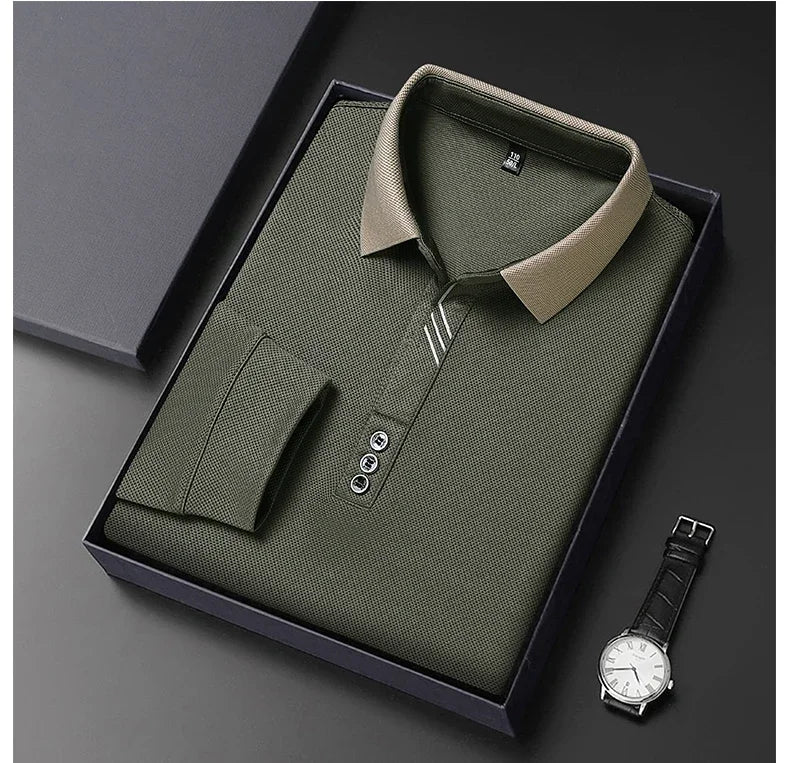 New Men's Long-sleeved Polo Shirt Sweatwear Business Casual Top Fashion Classic Solid Color Male Brand Basic V-neck Top