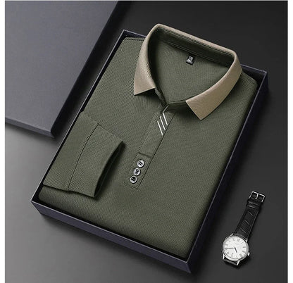 New Men's Long-sleeved Polo Shirt Sweatwear Business Casual Top Fashion Classic Solid Color Male Brand Basic V-neck Top