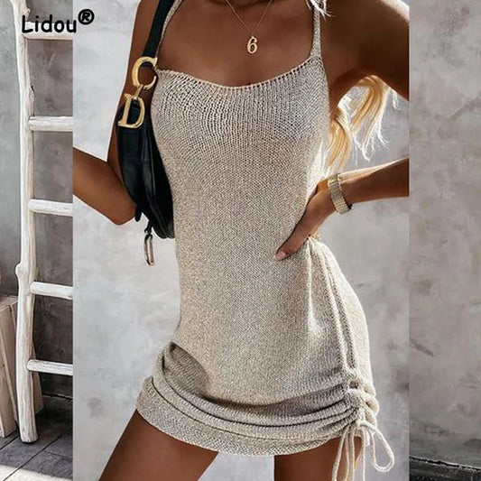 Sleeveless Sling Mini Short Dress Casual Fashion Backless Drawstring Low Collar