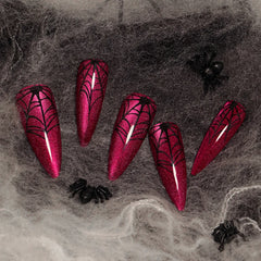 24Pcs Halloween False Nails Glitter Red Fake Nail with Spider Web Design Long Almond