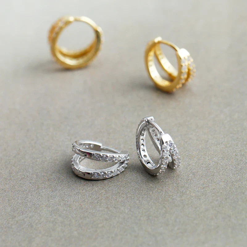WANTME 925 Sterling Silver Fashion Luxury Shiny Double Layer Zircon Huggies Hoop Earrings for Women Plated 18k Gold Fine Jewelry