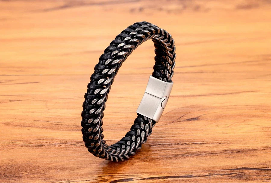 TYO New Fashion Stainless Steel Double Chain Braid Leather Mens Bracelet with Magnetic Buckle Best Gifts Whoesale Dropshipping