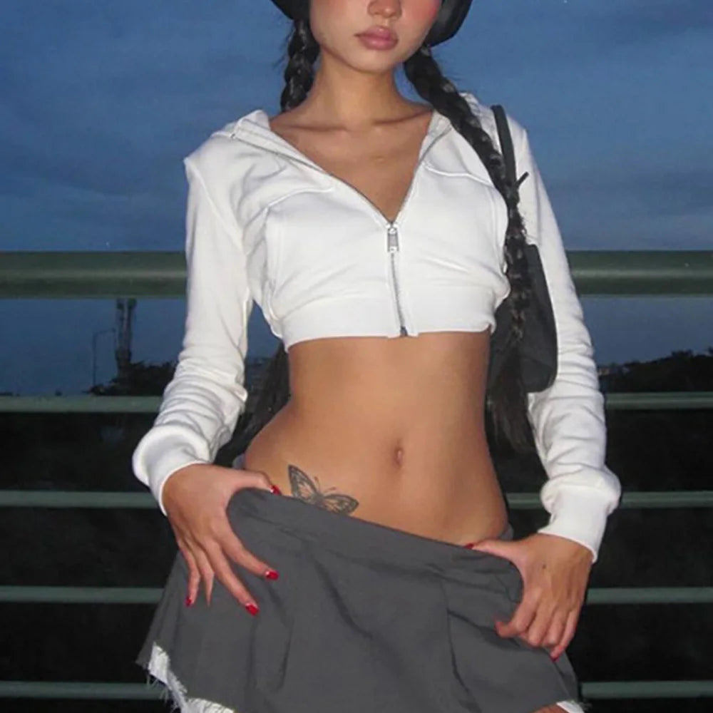 Y2K Aesthetic Vintage Basic Zip Up White Cropped Hoodies 2000s