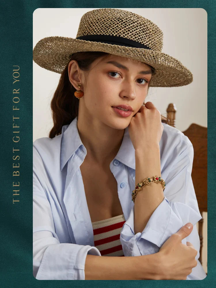 Vintage Adjustable Frog Charm Bracelet with Natural Stone Eyes - 18K Gold Plated Unique Jewelry for Women