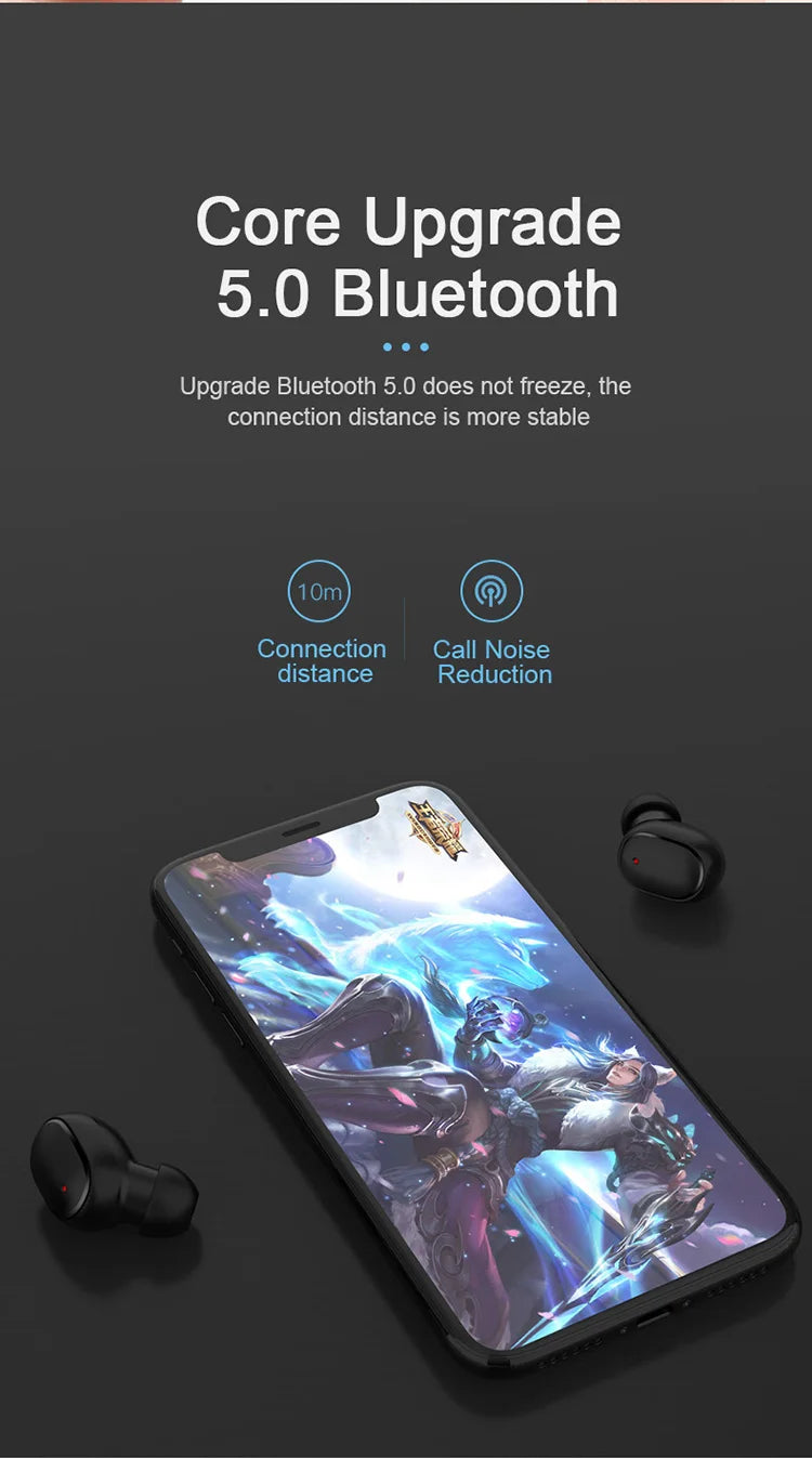 A6S, TWS Wireless Bluetooth Headphone, Stereo Headset, Sports Earbuds, Microphone with Charging Box, Smartphone