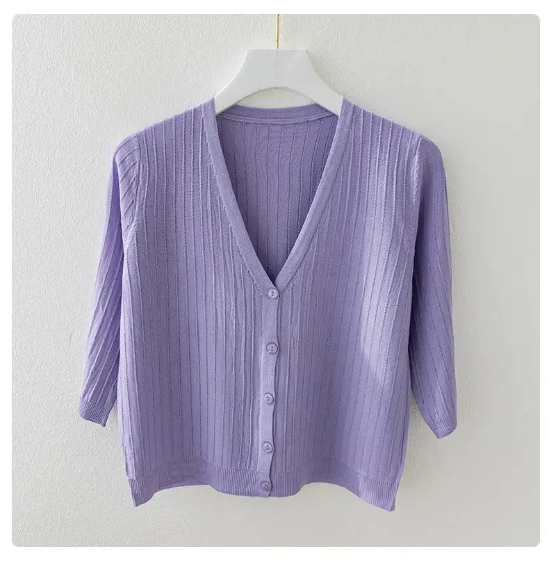 Fashion Women Solid Knitted Sweaters Coats Spring Summer Half Sleeve V-neck