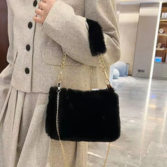 Winter Plush Tote Handbag Versatile Fluffy Shoulder Bag Soft Cute Chain Crossbody Bag