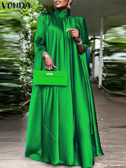 Women Stand Collar Elegant Satin Dress Long Bat Sleeve Evening Pleated Maxi