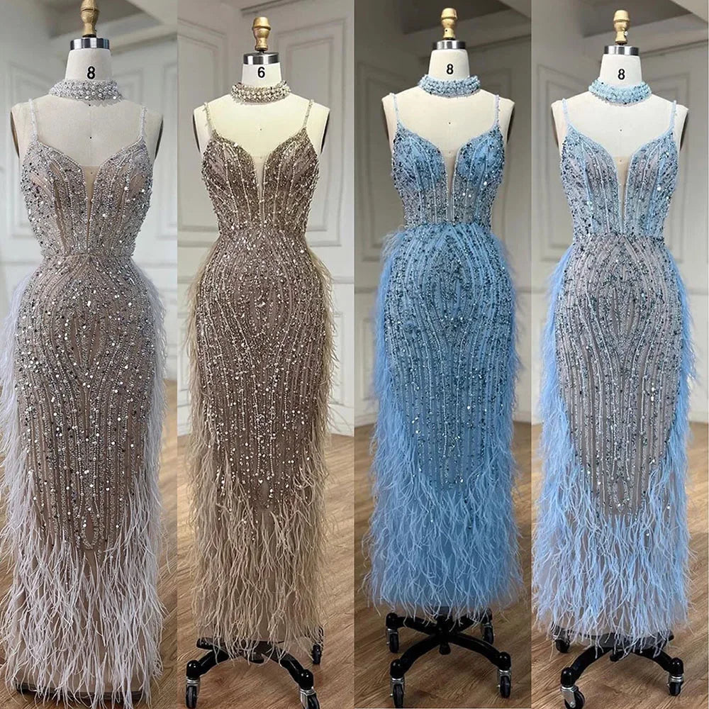Homecoming Dresses: Spaghetti Strap Beaded Feather Evening Dresses