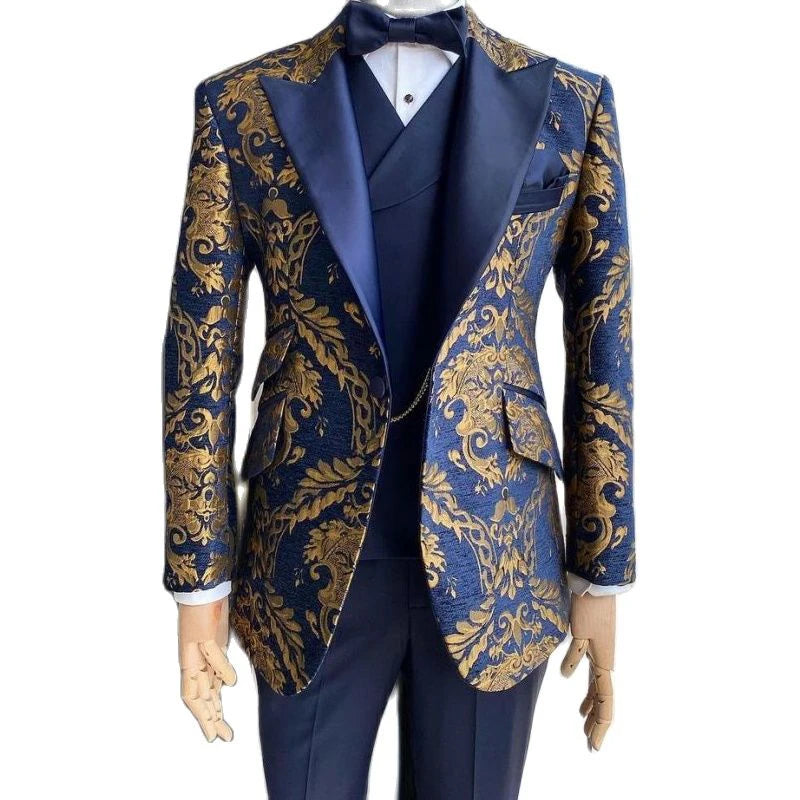 Tuxedo for Mens: Floral Suits for Men Wedding Slim Fit Navy Blue and Gold Jacquard