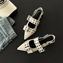 Women Pumps Ladies Punk Pointed Toe Chunky Heel Shallow Buckle Sandals