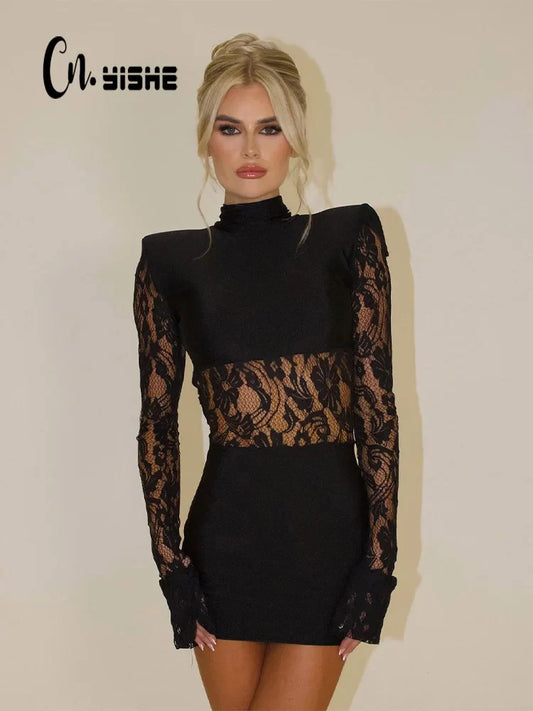 CNYISHE Patchwork Lace Hip Wrap Sheath High Collar Women Dresses Long Sleeve Sexy Club Fashion Bodycon Sheer Female Vestidos