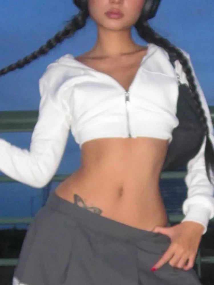 Y2K Aesthetic Vintage Basic Zip Up White Cropped Hoodies 2000s