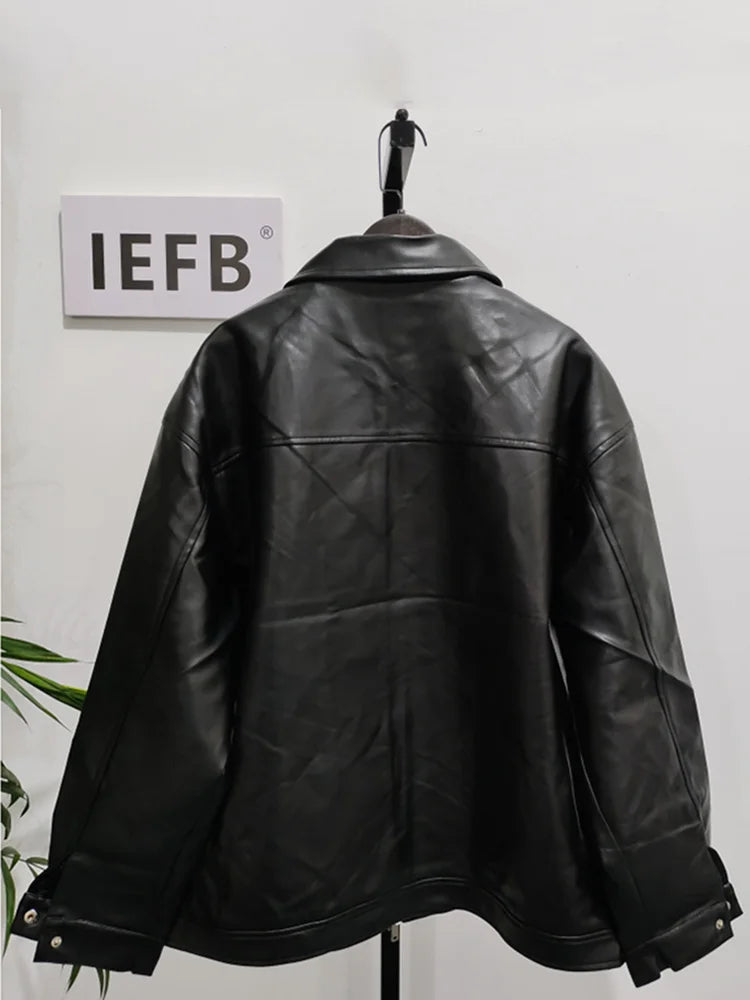 Korean Chic Double Zipper Men's PU Leather Jacket Black Simple